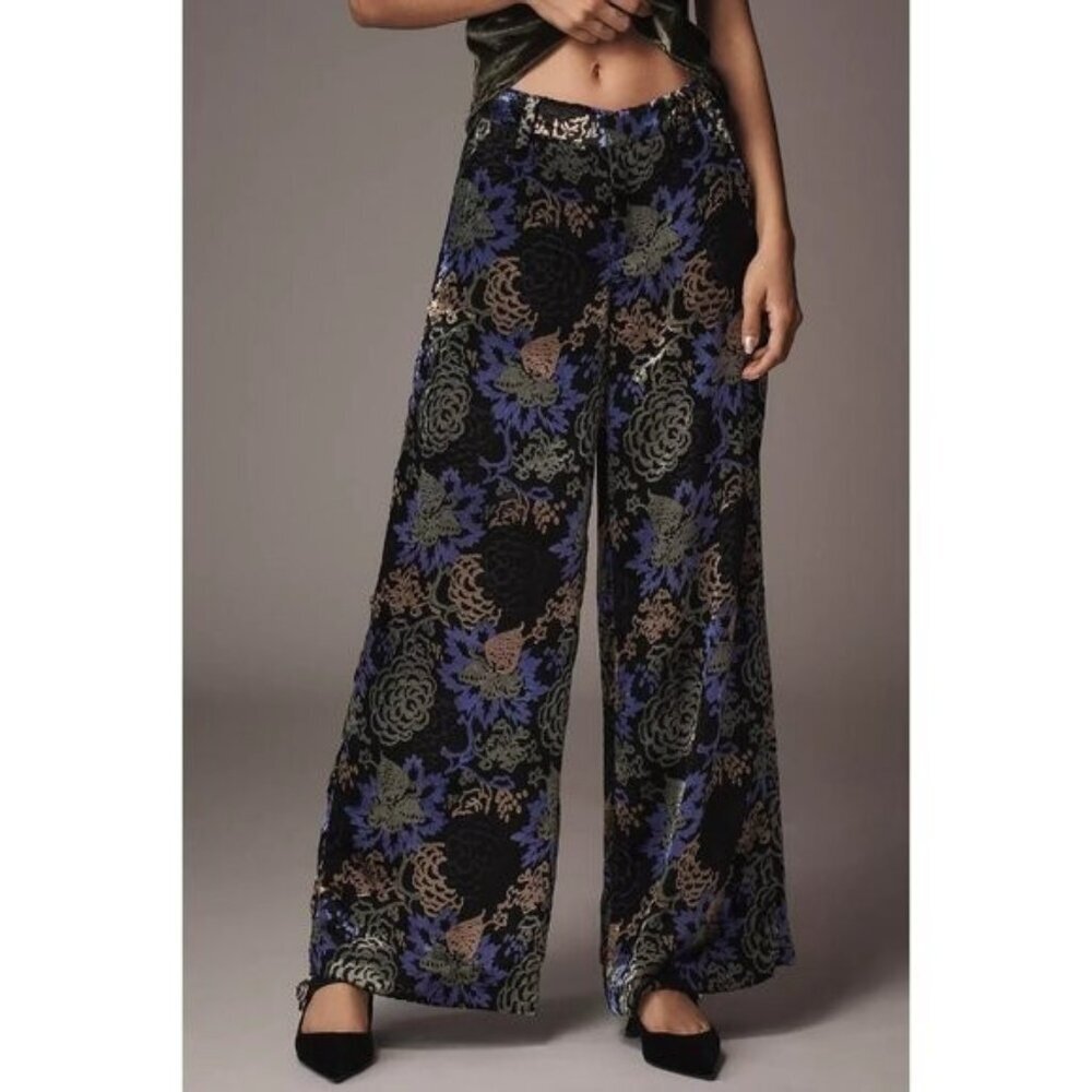 NWT Size 6P - Anthropologie Wide Leg Floral Velvet Pants (NWT US$168)